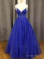 Royal Blue Tulle With Lace Applique Straps Long Party Dress, Royal Blue Prom Dress
