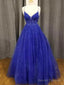 Royal Blue Tulle With Lace Applique Straps Long Party Dress, Royal Blue Prom Dress