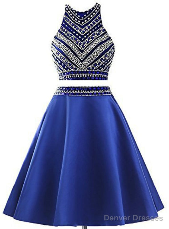 Royal Blue Two Piece Satin Beading Crystal Homecoming Dress Main image