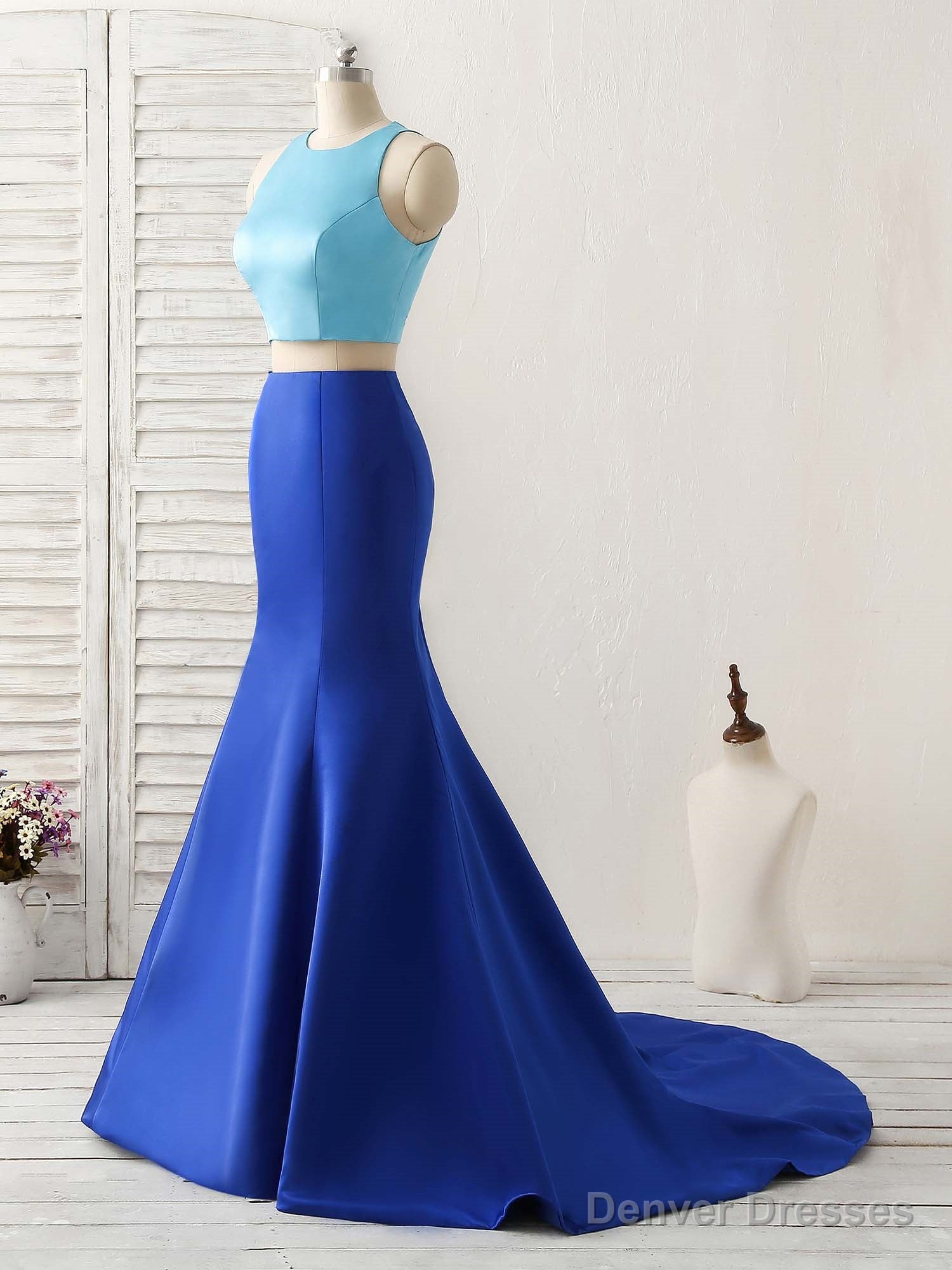 Royal Blue Two Pieces Satin Long Prom Dress, Blue Evening Dress Secondary image