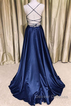 Royal Blue V Neck Backless Satin Long Prom Dress, Royal Blue Formal Dress, Backless Royal Blue Evening Dress