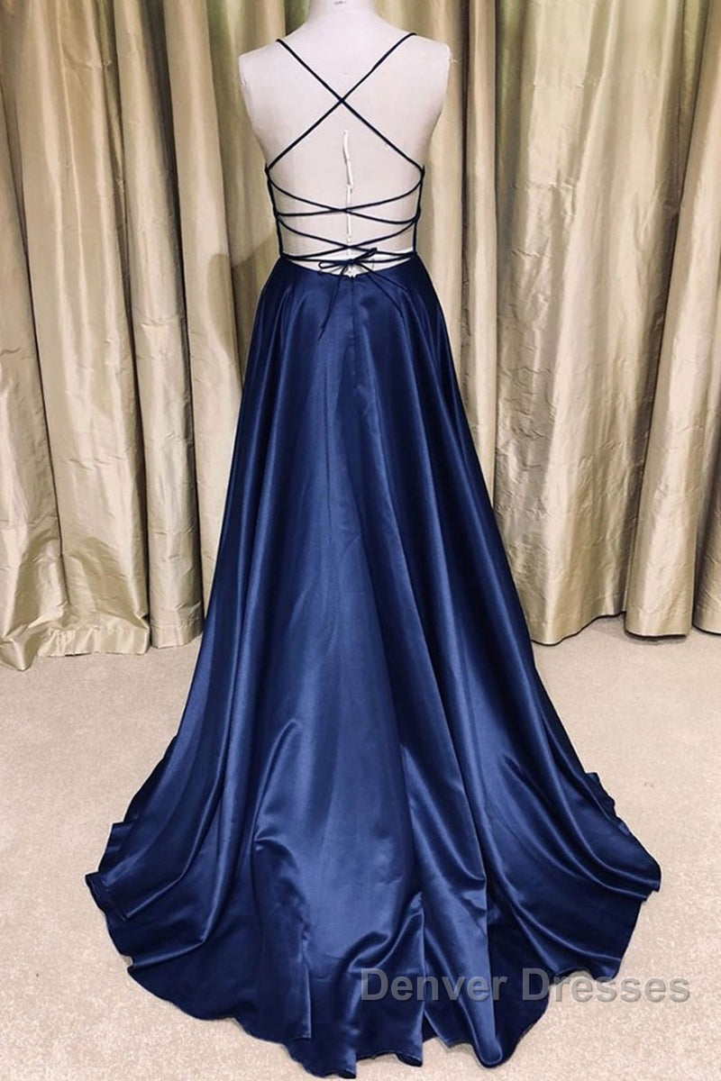 Royal Blue V Neck Backless Satin Long Prom Dress, Royal Blue Formal Dress, Backless Royal Blue Evening Dress