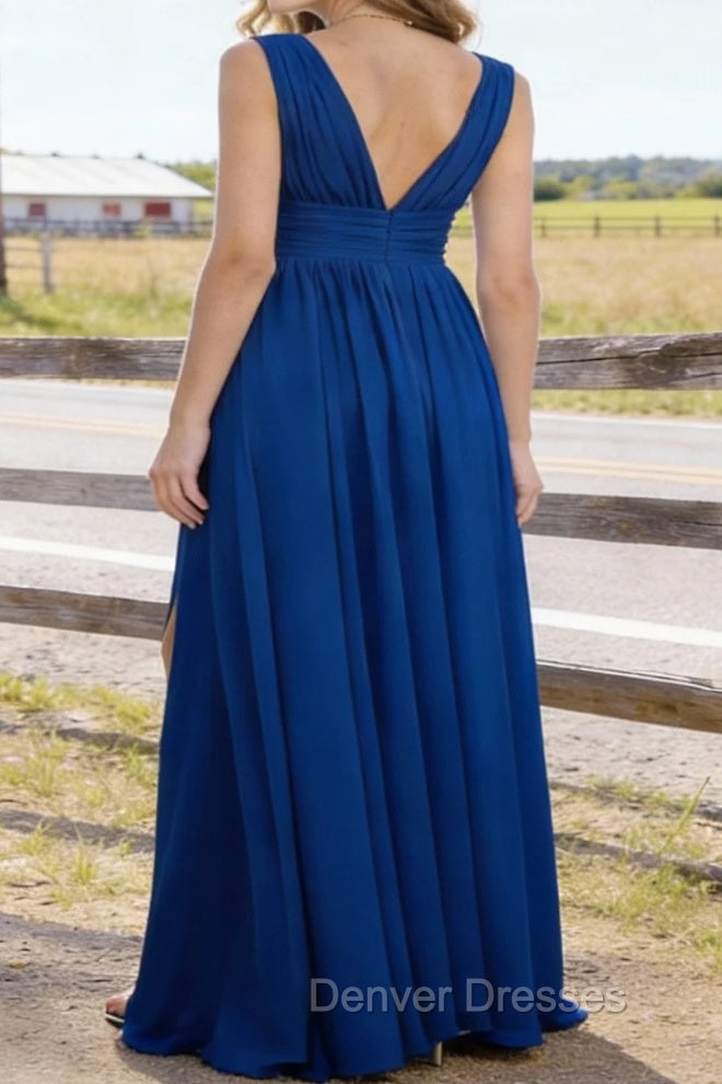 Royal Blue V Neck Chiffon Floor Length Bridesmaid Dresses Long Bridesmaid Dress With Pleated Split Secondary image