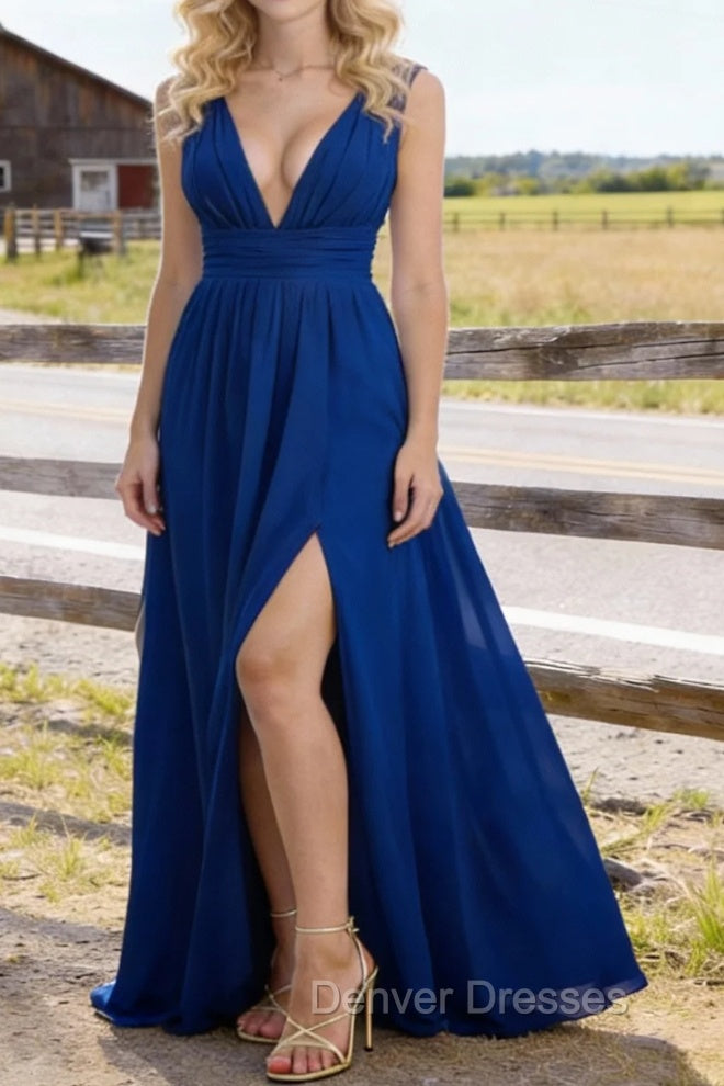 Royal Blue V Neck Chiffon Floor Length Bridesmaid Dresses Long Bridesmaid Dress With Pleated Split Main image