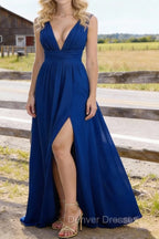 Royal Blue V Neck Chiffon Floor Length Bridesmaid Dresses Long Bridesmaid Dress With Pleated Split
