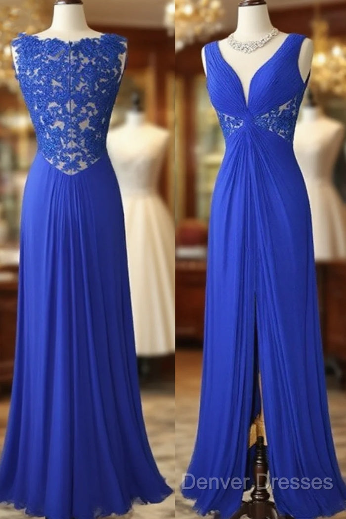 Royal Blue V Neck Chiffon Lace Long Prom Dress, Evening Dress Main image