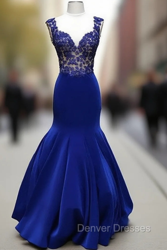 Royal Blue V Neck Mermaid Long Prom Dress, Blue Formal Dress Main image