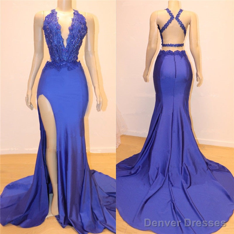 Royal Blue V-neck Open back Side Slit Mermaid Beads Lace Prom Dresses Secondary image