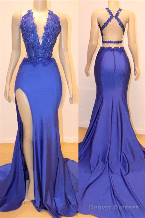Royal Blue V-neck Open back Side Slit Mermaid Beads Lace Prom Dresses Main image