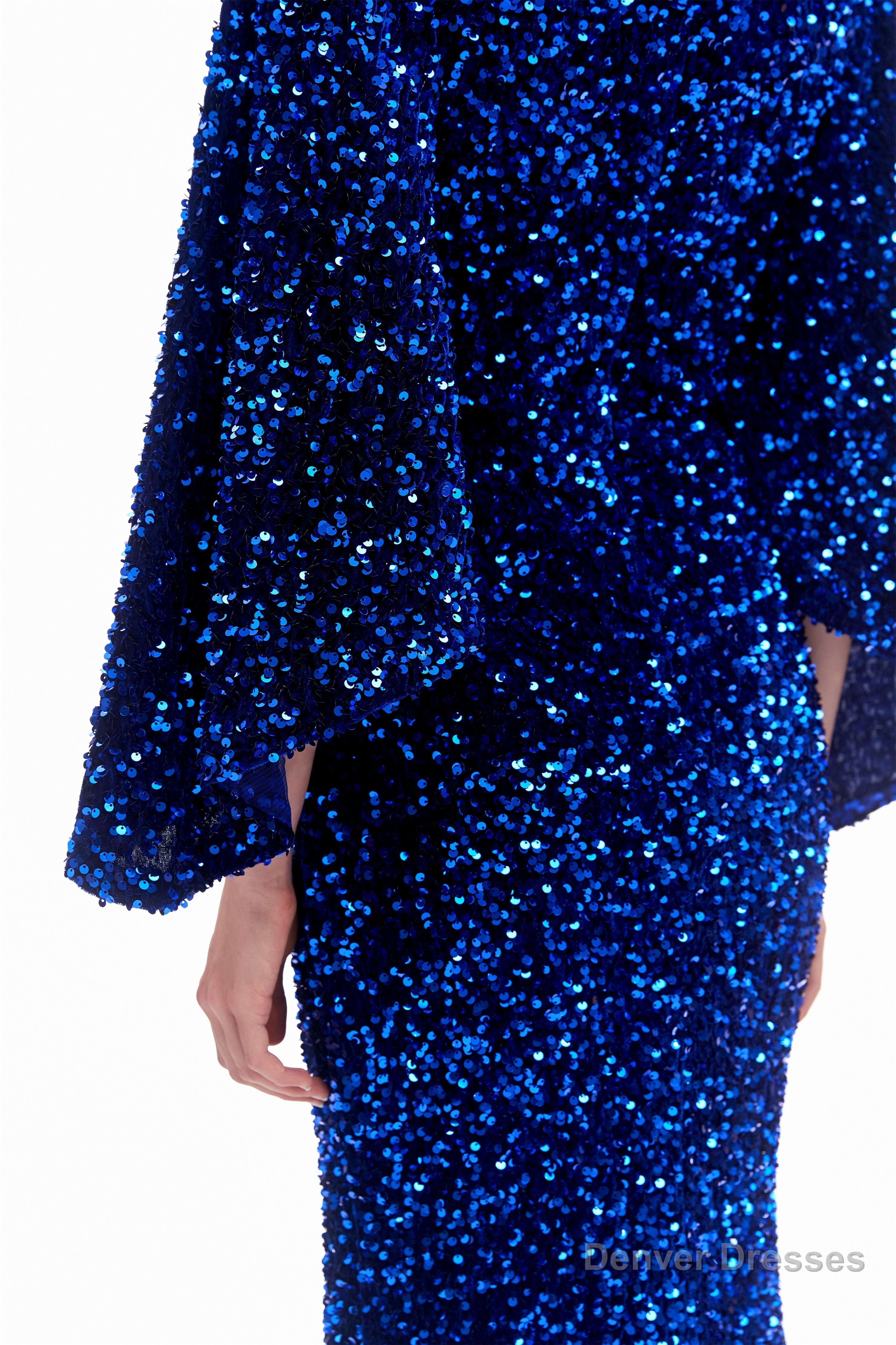 V-Neck Sequins Mermaid Prom Dresses with Sleeves