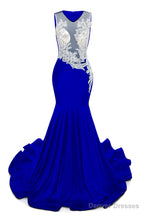 Royal Blue V-Neck Sheer Corset Prom Dresses Beaded Mermaid Long Train Evening Gowns
