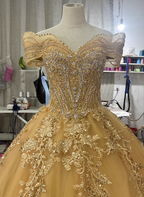 Royal Champagne Gold Off-The-Shoulder Beaded Embroidered Tulle Long Prom Dress Evening Dress