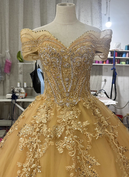 Royal Champagne Gold Off-The-Shoulder Beaded Embroidered Tulle Long Prom Dress Evening Dress