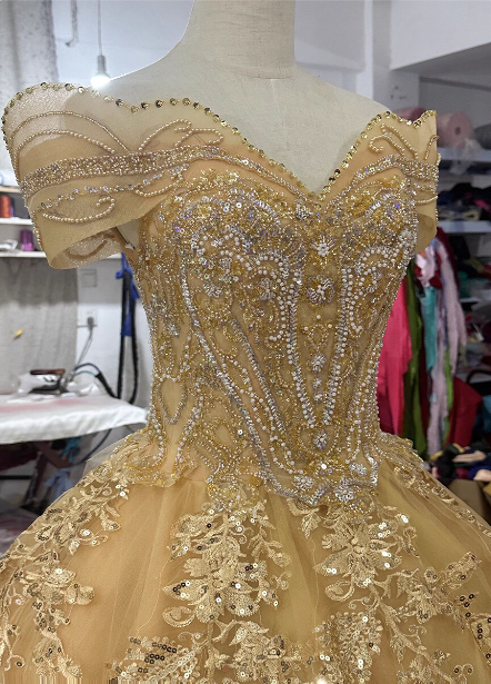 Royal Champagne Gold Off-The-Shoulder Beaded Embroidered Tulle Long Prom Dress Evening Dress