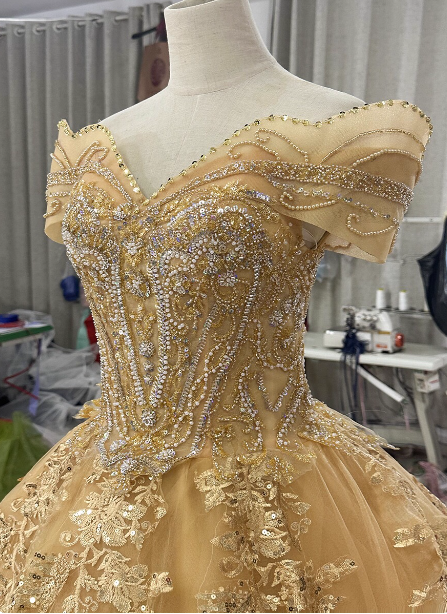 Royal Champagne Gold Off-The-Shoulder Beaded Embroidered Tulle Long Prom Dress Evening Dress