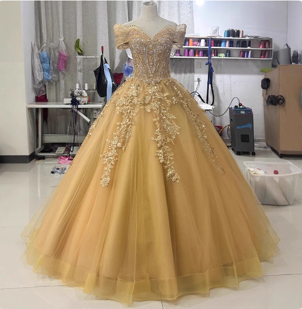 Royal Champagne Gold Off-The-Shoulder Beaded Embroidered Tulle Long Prom Dress Evening Dress