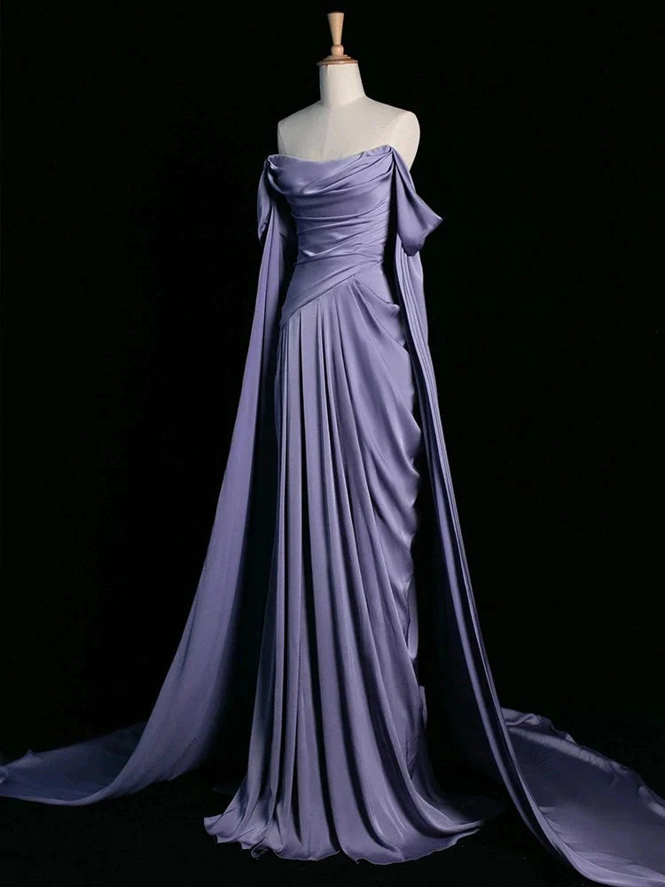 Royal Purple A-Line Off Shoulder Satin Long Prom Dress Formal Evening Dress