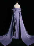 Royal Purple A-Line Off Shoulder Satin Long Prom Dress Formal Evening Dress