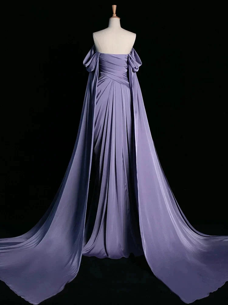 Royal Purple A-Line Off Shoulder Satin Long Prom Dress Formal Evening Dress