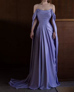 Royal Purple A-Line Off Shoulder Satin Long Prom Dress Formal Evening Dress