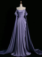 Royal Purple A-Line Off Shoulder Satin Long Prom Dress Formal Evening Dress