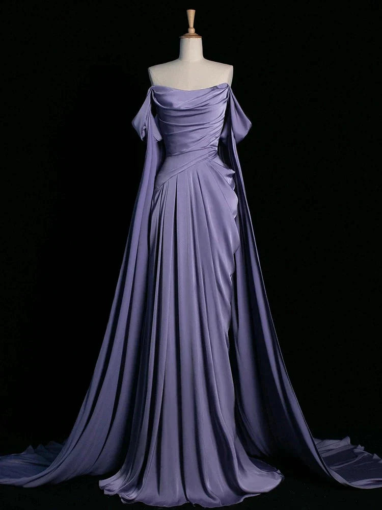 Royal Purple A-Line Off Shoulder Satin Long Prom Dress Formal Evening Dress