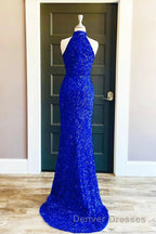 Sequins High Neck Royal Blue Long Party Dress with Slit