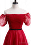 Red Tulle Long Prom Dresses, A-Line Off the Shoulder Evening Dresses