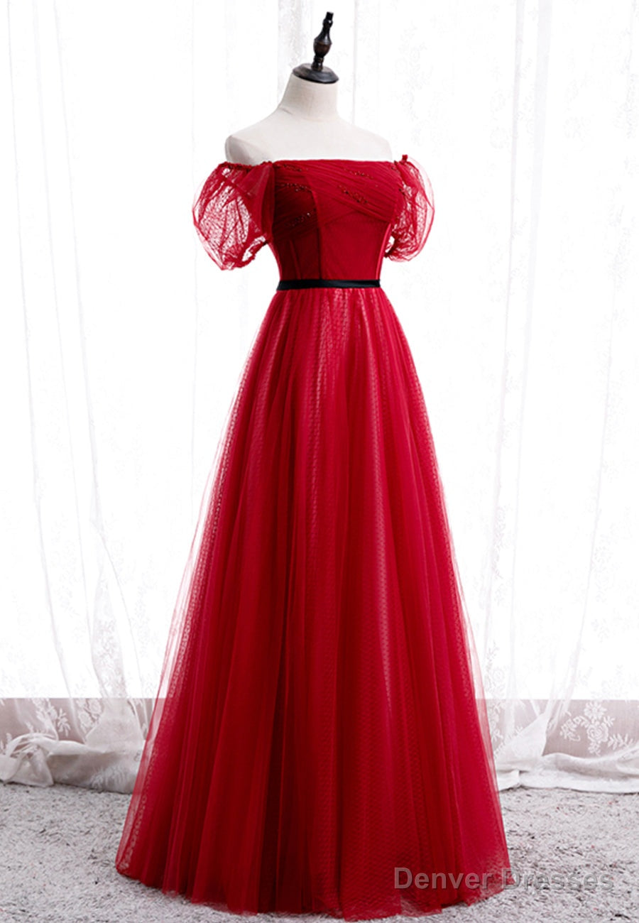 Red Tulle Long Prom Dresses, A-Line Off the Shoulder Evening Dresses Main image