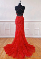 Red Lace Long Prom Dresses, Mermaid Evening Dresses