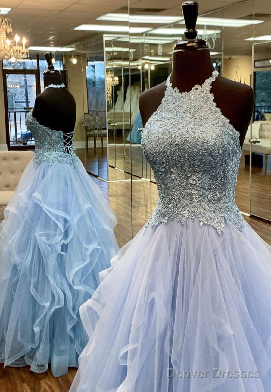 Blue Tulle Long A-Line Prom Dresses, Lace Evening Dresses Main image