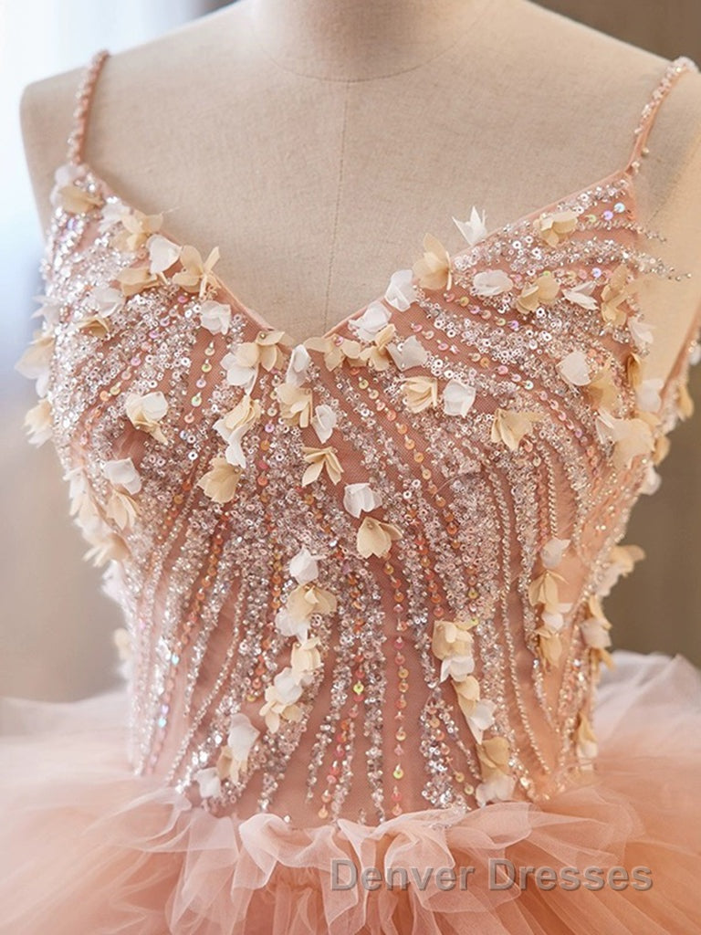 Unique V Neck Tulle Sequin Orange Pink Long Prom Dress, Orange Pink Sweet 16 Dress