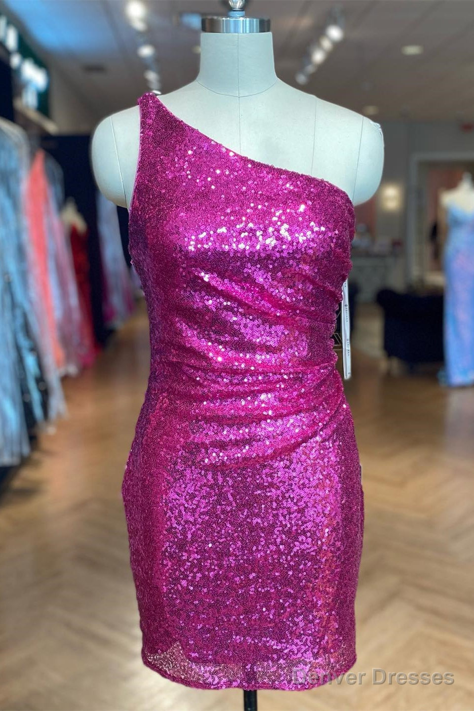 Fuchsia Sequins Sheath One Shoulder Homecoming Dress Main image