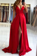 Ruby Red Chic High Split Court Train Long Evening Dress