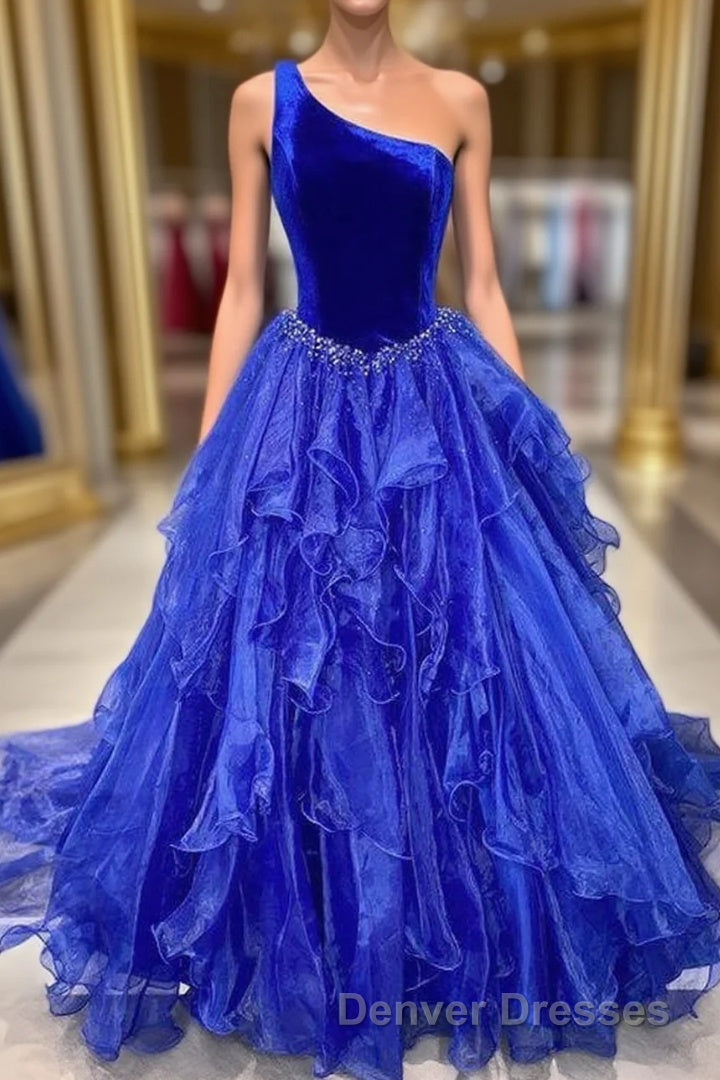 Ruffle One Shoulder Royal Blue Velvet Top Long Formal Dress Main image