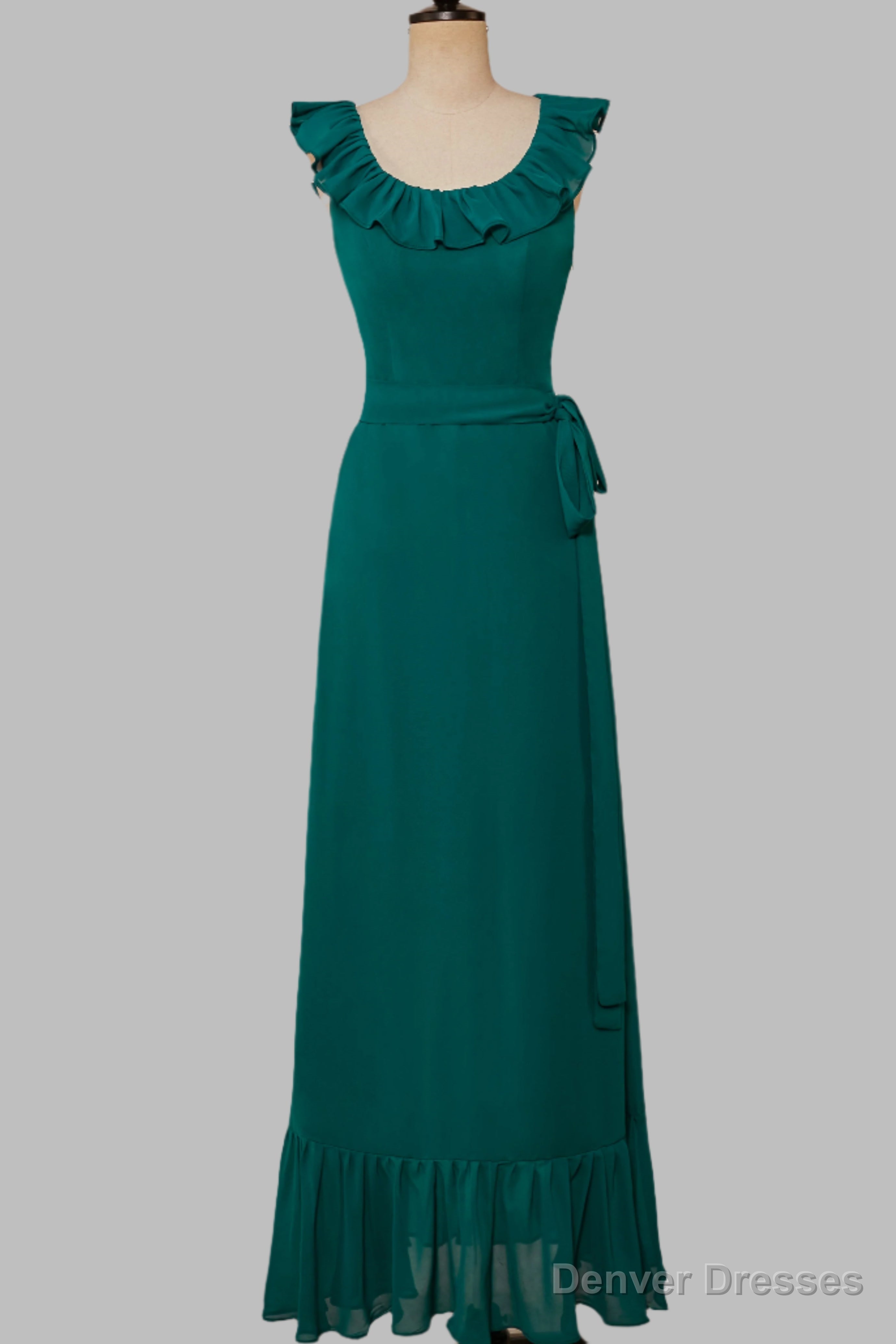 Ruffled Crew Neck Emerald Chiffon Midi Bridesmaid Dress Main image