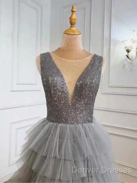 Ruffles Tulle V Neck Gray Sequin Long Prom Dress