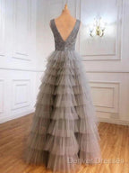 Ruffles Tulle V Neck Gray Sequin Long Prom Dress