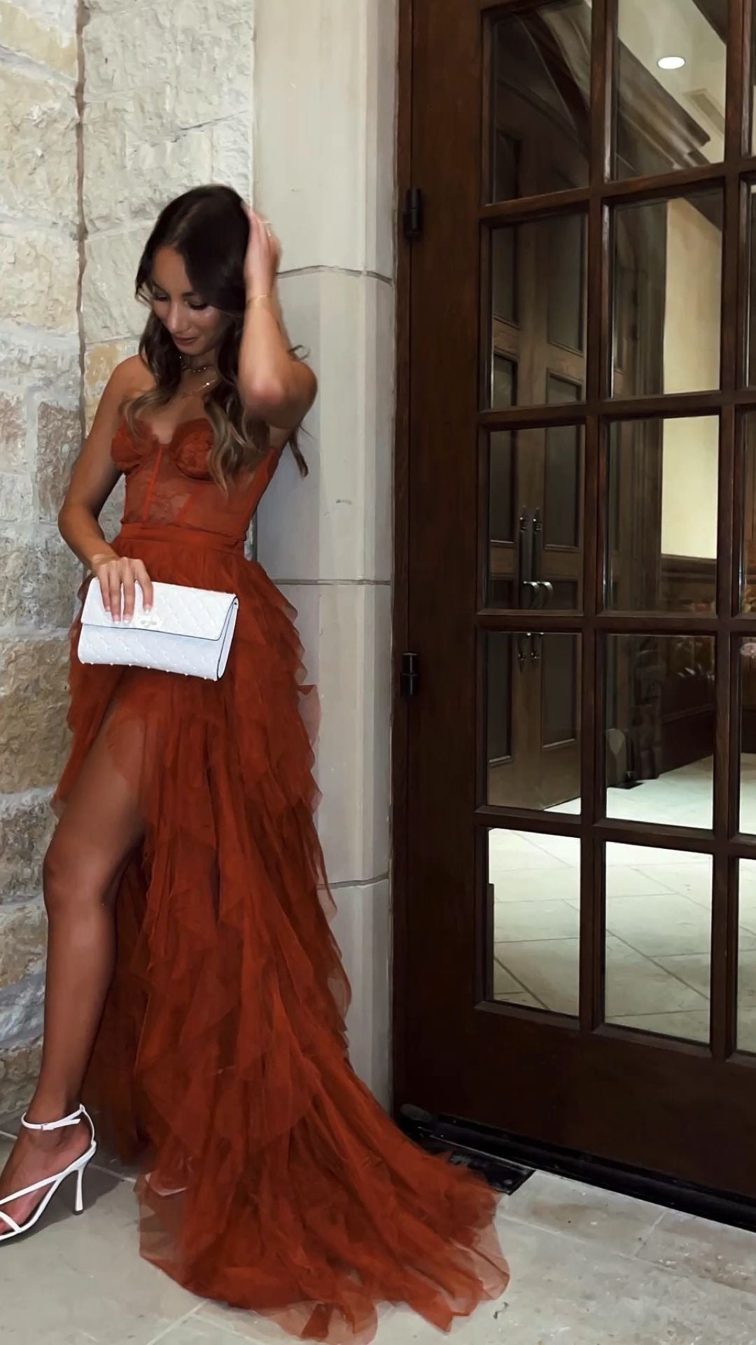 Rust Red Sweetheart High Low Tiered Prom Evening Dress Tulle Formal Dress Secondary image