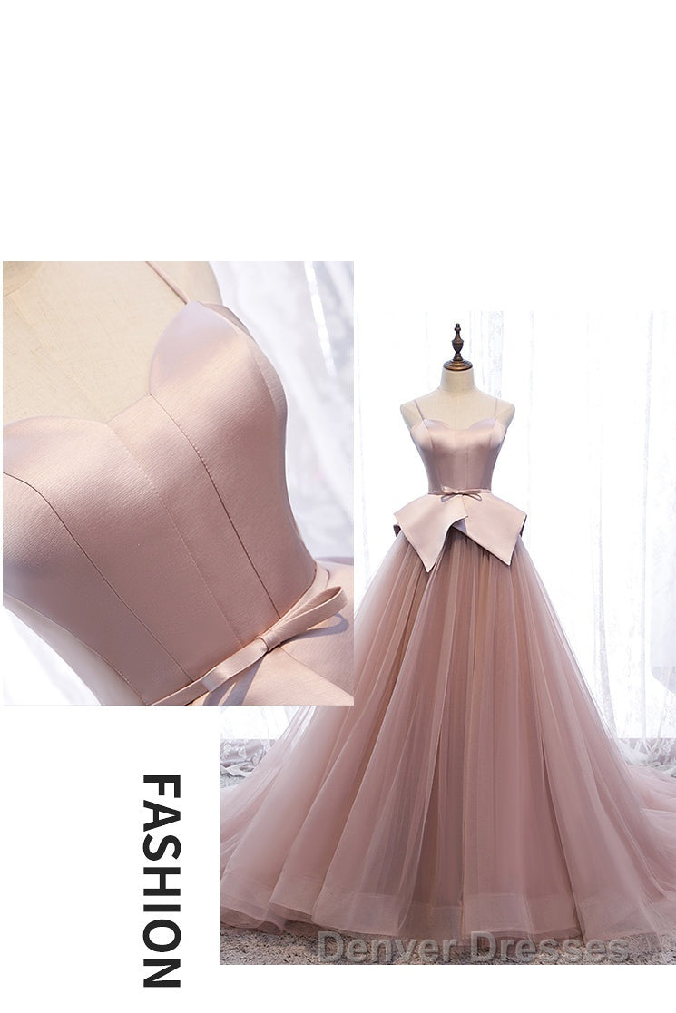 Pink Spaghetti Straps Tulle Long Formal Prom Dress, Unique Long Wedding Dess