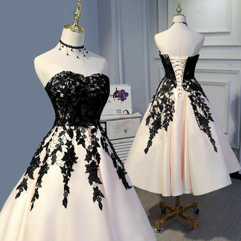 Champagen Wedding Dresses Tea Length Corset Black Lace Sleeveless Bridal Dresses Main image