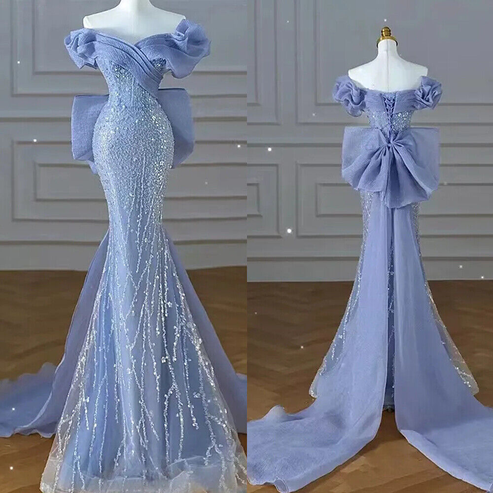 Sparkly Blue Prom Dresses With Bow Sequins Off The Shoulder Formal Party Prom Secondary image