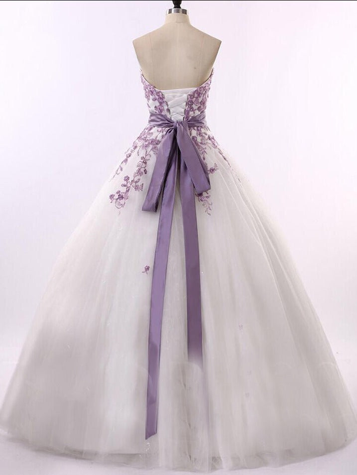 Purple Appliques Wedding Dresses Sweetheart Tulle Lace-Up A-Line Bridal Gowns
