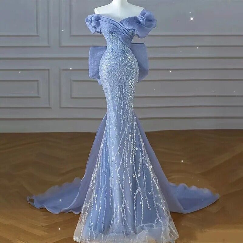 Sparkly Blue Prom Dresses With Bow Sequins Off The Shoulder Formal Party Prom