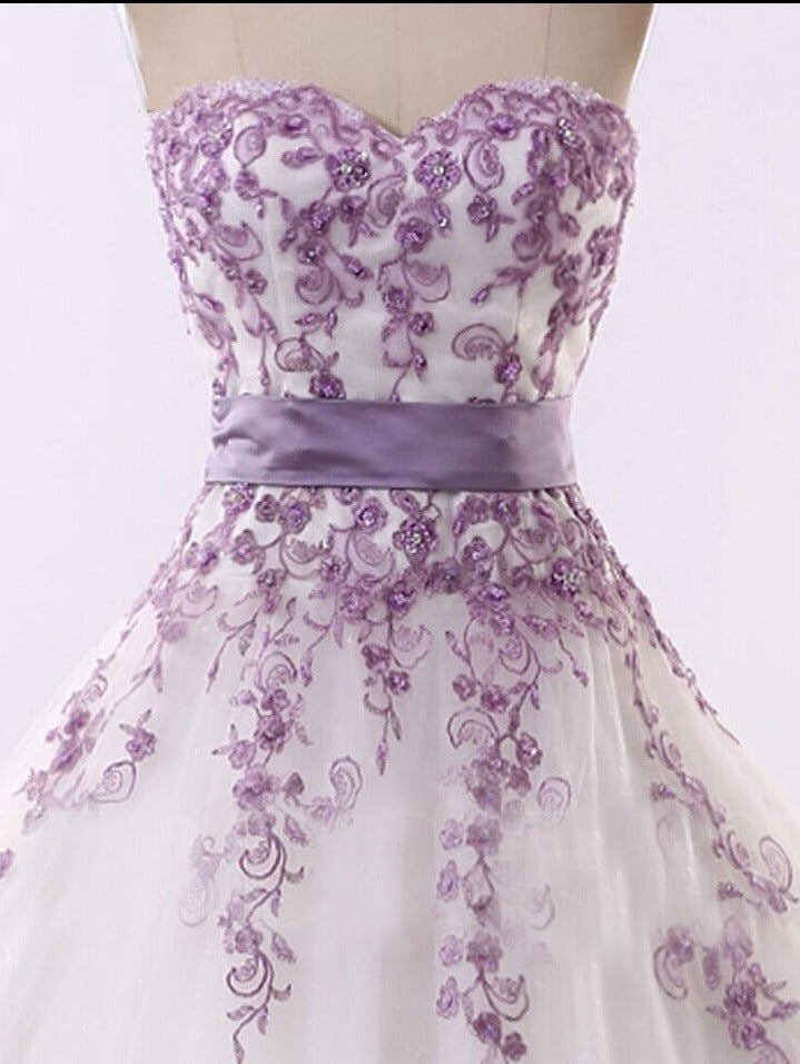 Purple Appliques Wedding Dresses Sweetheart Tulle Lace-Up A-Line Bridal Gowns