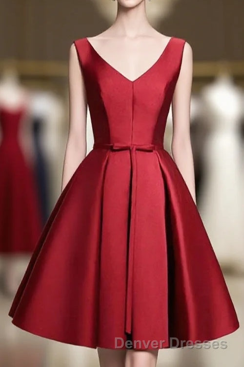 Simple Burgundy Satin V Neck Short Prom Dress, Evening Dress Main image