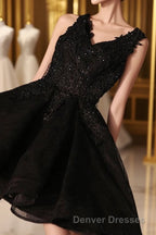 Black V Neck Lace Short Prom Dress, Homecoming Dress, Homecoming Dress