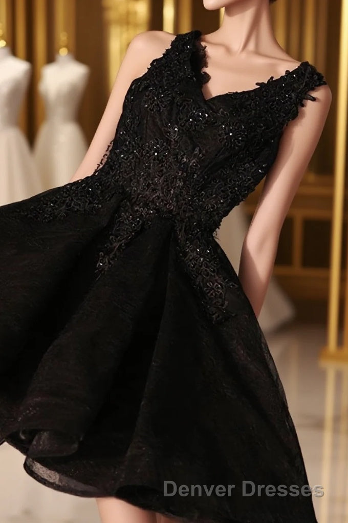 Black V Neck Lace Short Prom Dress, Homecoming Dress, Homecoming Dress