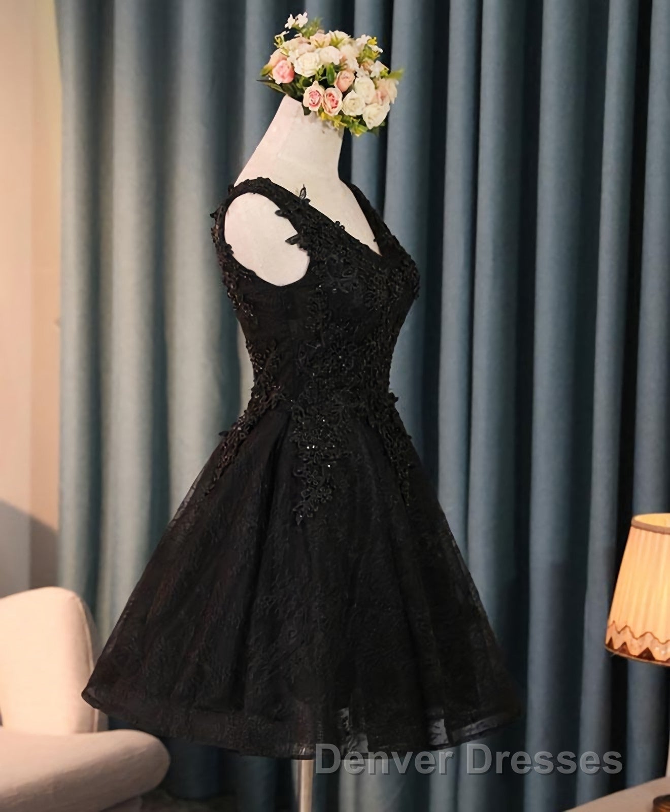 Black V Neck Lace Short Prom Dress, Homecoming Dress, Homecoming Dress