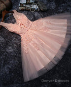Pink V Neck Tulle Lace Short Prom Dress, Homecoming Dresses